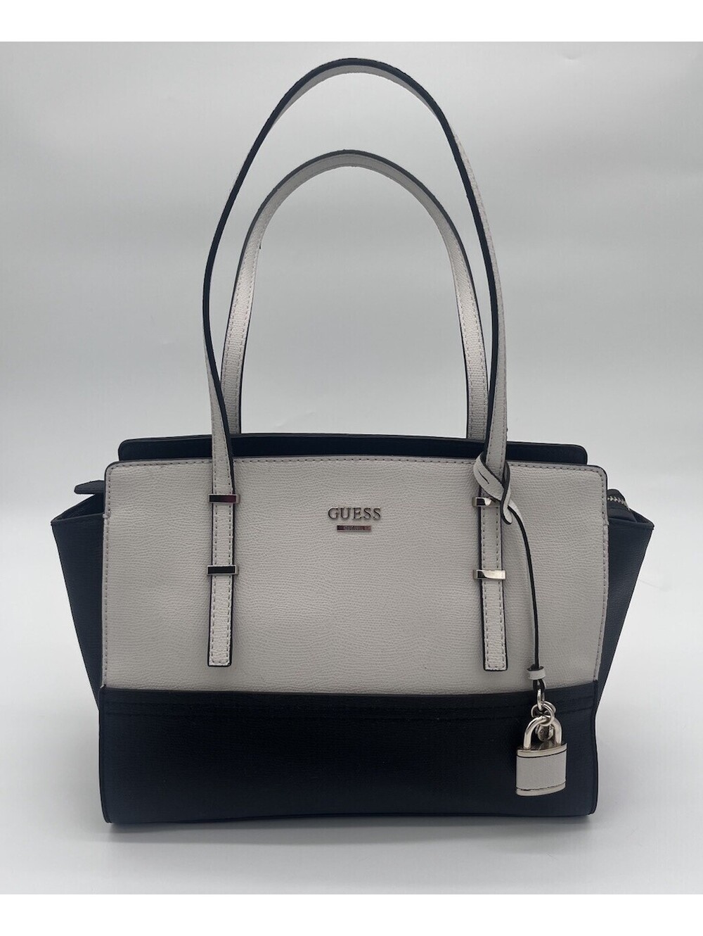 GUESS Devyn Black White Colorblock Tote Shoulder Bag Faux Leather Charm